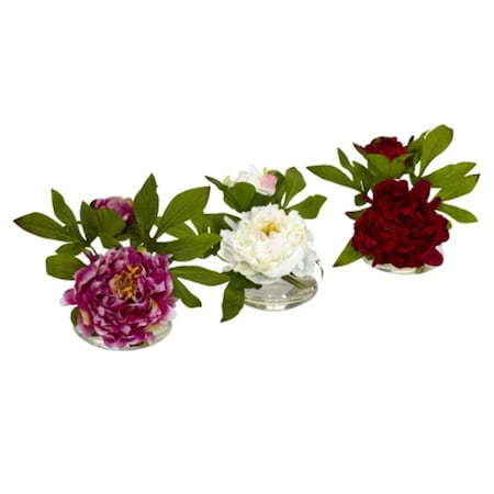 Nearly Natural Peony with Glass Vase -Set of 3, 3PK 4789